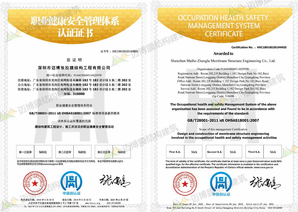 职业健康安全管理体系认证证书